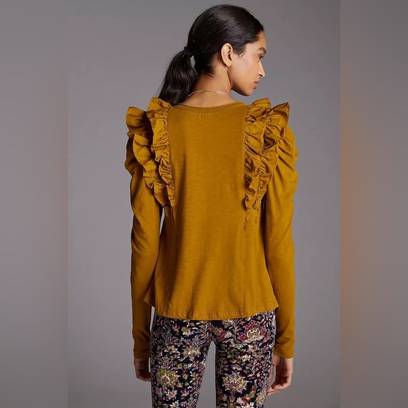 Anthropologie Mustard Ruffle Top - Picture 2 of 7